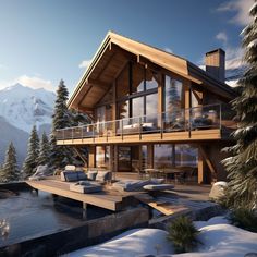 a large wooden house sitting on top of a snow covered hillside next to a lake