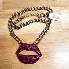 Nwt Rare Couture Hot Pink Oversized Pink Lips Necklace Natasha Accessories Limided Statement Gold Curb Chain Faceted Crystal Lips Pendant Toggle Clasp 22" Chain To Lips Lips Necklace, Crystal Lips, Gold Curb Chain, Faceted Crystal, Pink Lips, Toggle Clasp, Curb Chain, Bergdorf Goodman, Pink And Gold