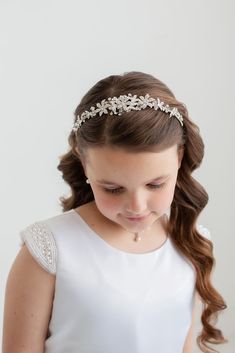 Flower Girl Crown, Flower Girl Tiara, Flower Girl Headband, Rhinestone Tiara, First Communion Tiara, Marianna Flower Girl Tiara - Etsy Flower Girl Hair With Headband, Flower Girl Hairstyles With Headband, Communion Tiara, Communion Hair, Tiara Flower, Communion Headpiece, Communion Hairstyles, Flower Girl Tiara, Flower Girl Headpiece