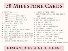 a pink and white poster with the words 28 milestone cards written in black on it