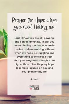 a plant in a pink bowl with a card saying prayer for hope when you need living up