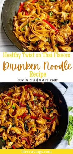 two pictures showing different types of noodles in a pan with the words healthy twist on that flavor