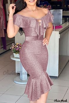 Color: Pink, Size: S Asymmetrical Dress Casual, Glitter Party Dress, Robes Glamour, Glitter Dress, Vestidos Vintage, Hip Dress, Dress Silhouette, Silver Dress, Mermaid Dress