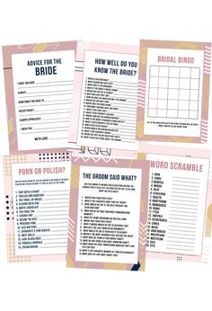 the bridal game is shown in four different colors and font, with instructions on each side