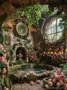 the interior of a house with roses on the walls and in the center is a fountain surrounded by greenery