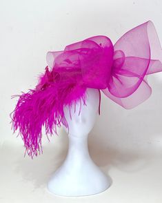 Couture Kentucky Fascinator Hat, Fancy Big Feather Hat, Be the Queen of the Derby wearing our  Rose Pink Deep Pink Feather Hat Fascinator Headband.   All feather, Marabou, Ostrich and Coqui Feather with Crinoline High Veil on Large 15" Hot Pink Disk Hat, with the High Crinoline   Double Side Fascinator can worn on other side.... See photos     I can customize to match your Outfit!  Send me a photo of your outfit.... I will match it for you!!  Message me! Feather Wedding Hairpiece, Big Fancy Wedding, Blush Pink Fascinator, Kentucky Derby Fascinator, Pink Fascinator, Rose Hat, High Tea Party, Derby Fascinator, Hat Fascinator