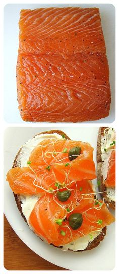 salmon and bread with cream cheese on them are shown in three different pictures, one has been sliced into four pieces