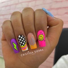 Neon Nail Designs Summer, Girl Maintenance, Word Drawings, Neon Nail Designs, 2024 Nails, Retro Nails, Duck Nails, Tee Designs, Colored Acrylic