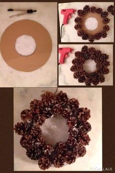 pine cones are being made into a wreath