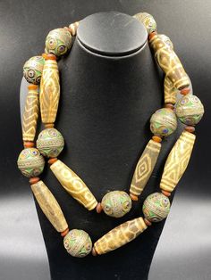 Beautiful old antique pumtek pyu beads with enamel bead necklace Monies Jewelry, African Beads Necklace, Creative Necklace, Jewelry Stones, Wooden Bead Necklaces, Bead Necklaces, Enamel Beads, Bead Ideas, Polymer Clay Necklace