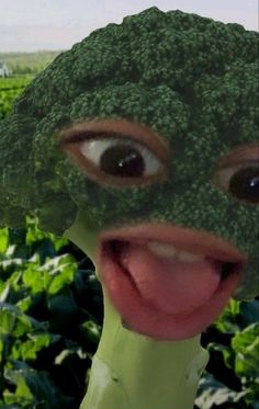 a close up of a person's face wearing a broccoli mask