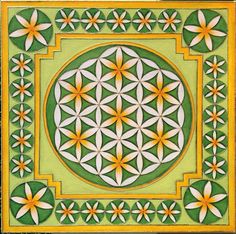 the flower of life is depicted in green and yellow colors, with white flowers on it