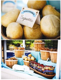 breads and pastries are on display in baskets