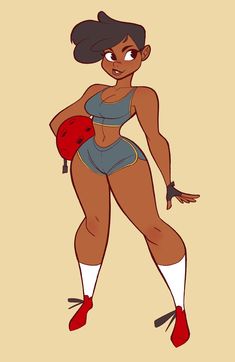 an animated woman with boxing gloves on her chest and legs, in shorts and high heels