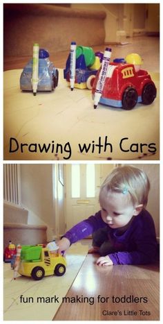 two pictures with the words drawing with cars and an image of a child playing with toys