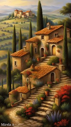 an oil painting of a house on a hill