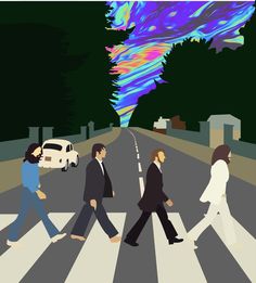 the beatles crossing the street in front of an image of a car that appears to be exploding