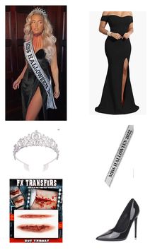 a woman in a black dress and tiara next to other items including shoes, bracelets and hair accessories