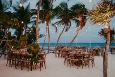 tables and chairs set up under palm trees on the beach