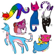 six different colored cats with their names on them