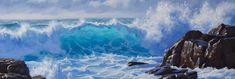 an oil painting of waves crashing over rocks