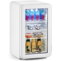 an open refrigerator with drinks and juices in it on a white background, side by side