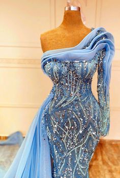 Women's Luxury Blue Sparkly Prom Dress, Mermaid One Sleeve With Removable Tulle skirt，fully sequins beaded design ! Blue Sparkly Prom Dress, Baby Blue Prom Dresses, Prom Dress Mermaid, Sparkly Gown, Sparkly Prom Dress, Fashion Sewing Tutorials, Dress Mermaid, Unique Prom Dresses, Sequin Beading