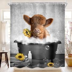 a cow in a bathtub with sunflowers on the side shower curtain set