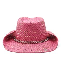 The Peter Grimm Pink Heart Attack Women's Hat is a beach drifter cowgirl hat made from 100% Moroccan straw and has a rhinestone heart on the silver chain band. This is a stunning and unique western style drifter hat in an eye-catching pink. Features a whimsical heart on the band making it perfect for the hippie chick at her free spirited summertime concerts. You'll be the most noticeable cowgirl in town. Perfect for the rodeo, a trip to Nashville or a country music concert. A shipping charge of Trendy Hats For Country Concerts In Summer, Trendy Hats For Summer Country Concerts, Trendy Summer Hats For Country Concerts, Pink Western Straw Hat For Rodeo, Pink Western Straw Hat For Summer, Pink Western Style Sun Hat For Festivals, Pink Country Style Hat Band For Summer, Country Style Pink Hat Bands For Summer, Country Style Summer Hats For Country Concerts