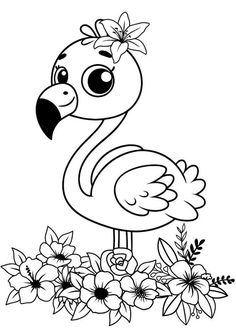 a cartoon flamingo with flowers in the background