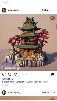 an image of a small building made out of legos and trees on top of each other