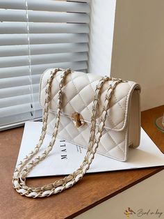 BirdinBag - Quilted Chain Shoulder Bag with Metal Lock Mark Metal, Chain Pattern, Word Wrap, Chain Shoulder Bag, Square Bag, Bag Women, Chanel Boy Bag, White Bag, Olivia Mark