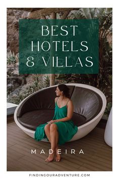 a woman in a green dress sitting on top of a bath tub with the words best hotels & villa's