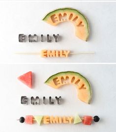 some type of candy with the word family spelled on it and two slices of watermelon