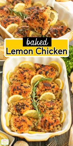 baked lemon chicken in a casserole dish