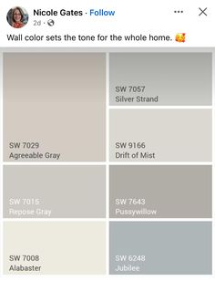 some gray and white paint swatches on a wall with the words nicole gates follow