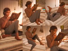 a woman sitting on top of a bed reading a book in four different poses,