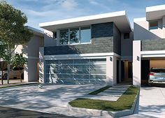 a car is parked in front of a two story house with garages and windows