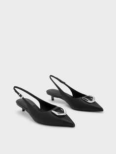 Black Gabine Leather Slingback Pumps - CHARLES & KEITH US Luxury Black Round Toe Slingback Sandals, Luxury Chic Round Toe Slingback Sandals, Luxury Sleek Slingback Pumps With Round Toe, Luxury Slingback Kitten Heels With Buckle, Melissa Shoes, Size Chart For Kids, Charles Keith, Sheep Leather, Slingback Pump