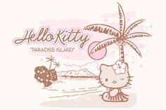 the hello kitty paradise island logo is shown in pink and white, with a palm tree