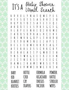 the it's a baby shower word search is shown on a green and white background