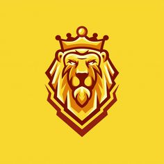 a lion's head with a crown on its head, in the middle of a yellow background