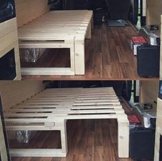 the inside of a camper van with wood flooring and storage space for luggage