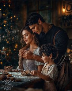 a man, woman and child standing in front of a table with cookies on it