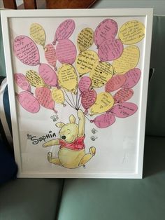 a winnie the pooh poster with balloons attached to it's back and some writing on