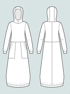 the front and back view of a women's long coat with hood on it