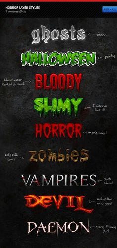 halloween font styles for photoshopped in adobe and after effects, with the text below it