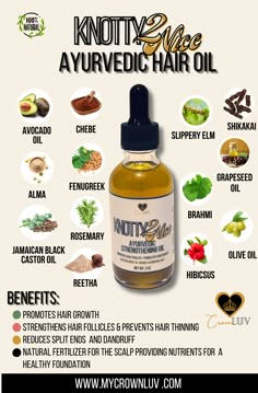 Are you experiencing hair loss, hair thinning or just breakage? Our Ayurvedic Strengthening Oil improves just that! It's All-Natural, 100% chemical & cruelty free; made for all hair types. Did I mention it's a natural DHT blocker that helps regenerate dormant hair follices? Carrier oils-Avocado, Grapeseed & Olive Oil are infused in Indian derived herbs and powders like Reetha, Hibiscus, Brahmi, and Alma to strengthening your hair and promote hair growth. Includes: (1) 2oz Bottle of Ayurvedic Oil Herbs That Promote Hair Growth, Hair Growth Powder, Natural Hair Oils For Black Hair, Indian Herbs For Hair Growth, Extreme Hair Growth Oil, Indian Hair Growth Oil Recipe, Indian Hair Oil For Hair Growth, India Hair Care, Oil For Hair Growth And Thickness