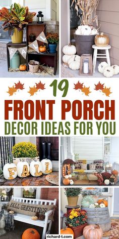 the front porch decorated for fall with pumpkins and gourds