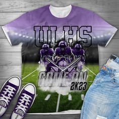 purple and white football uniform with two pairs of blue jeans next to the shirt that says uths on it